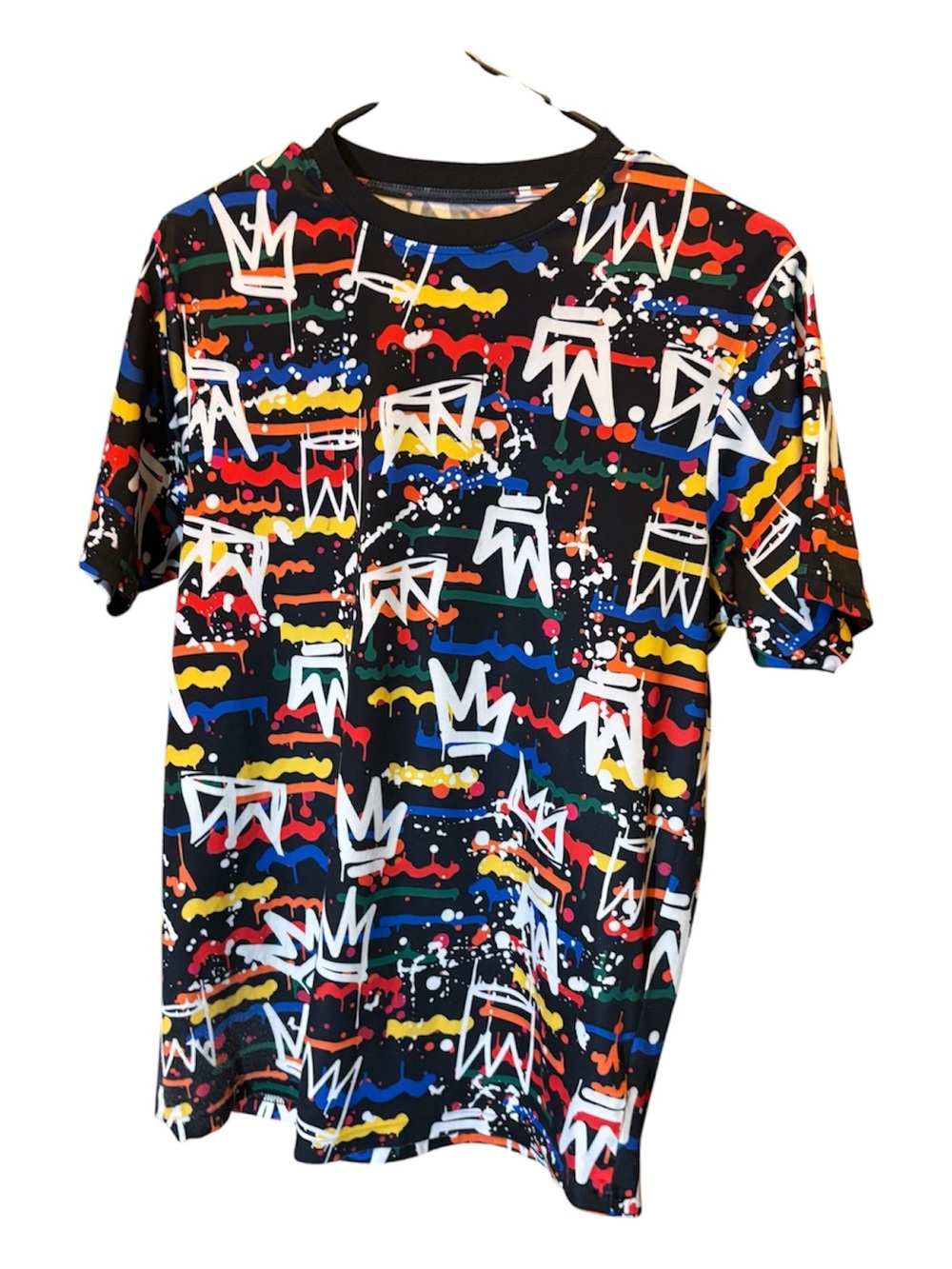 Fresh Black Graphic Short Sleeve Tee with Multicolor Print